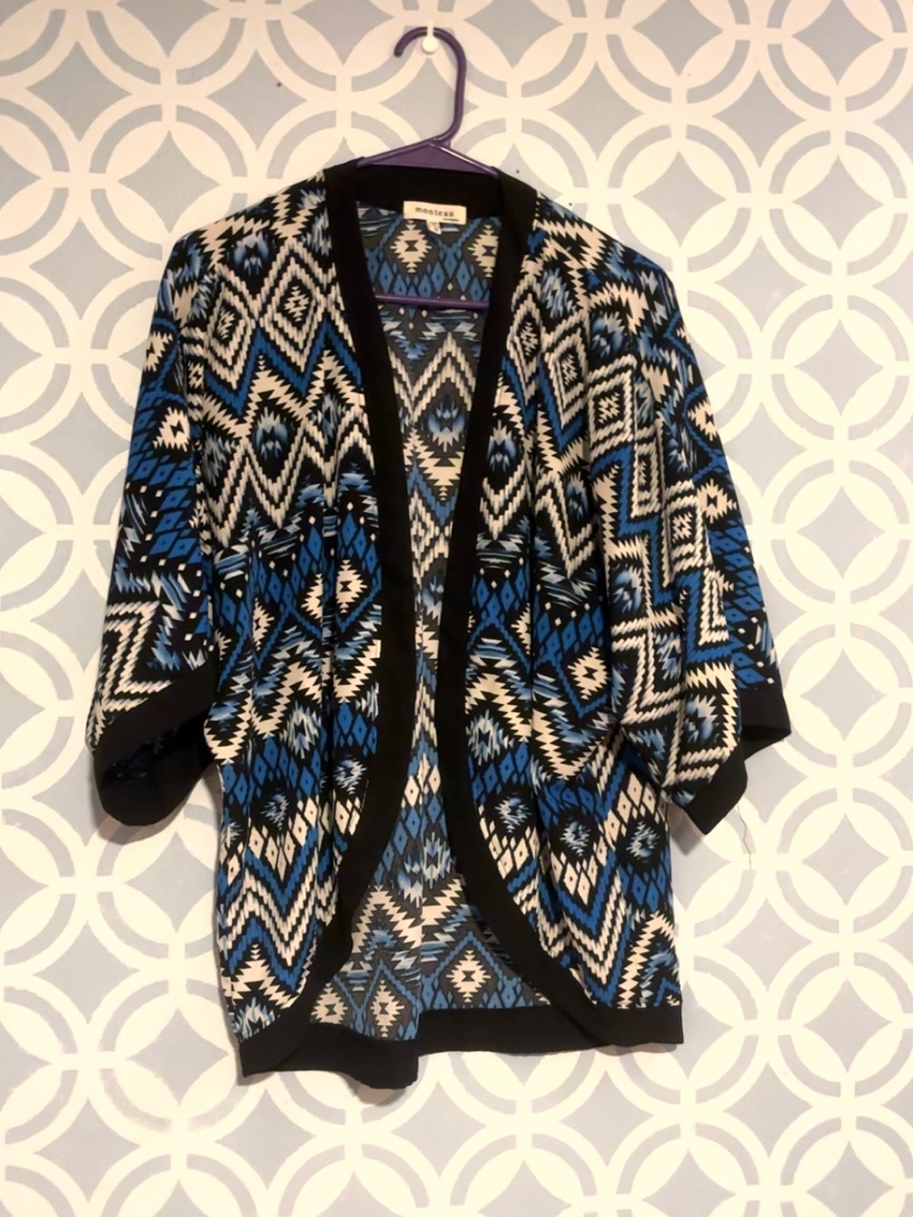 Monteau Black and Blue Aztec Open-Front Cardigan